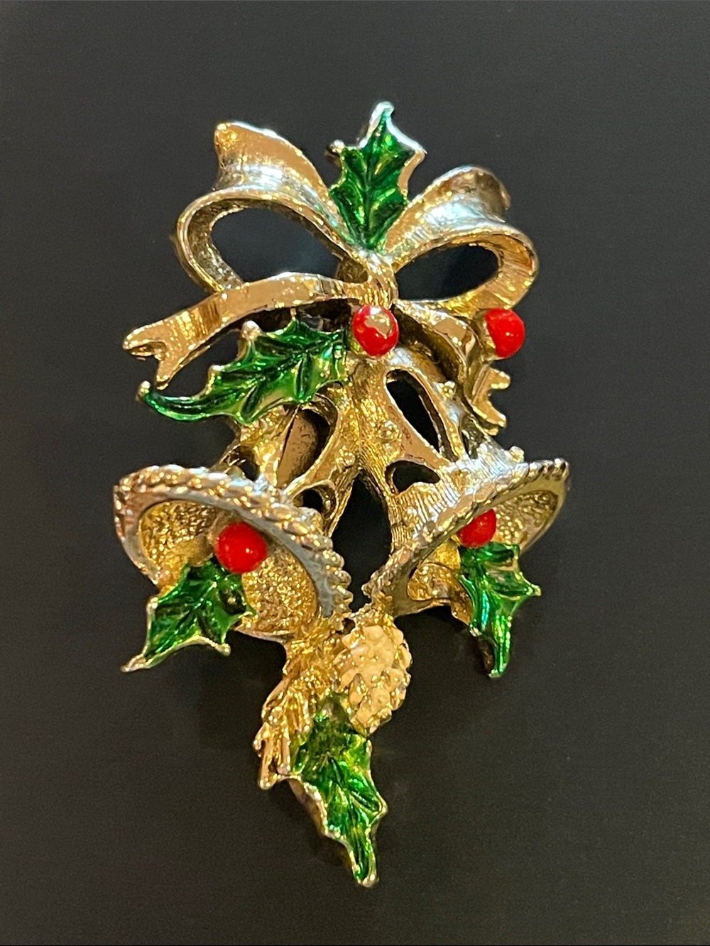 VTG Gerry’s Gold-Tone Holiday Bell Brooch with Green and Red Enamel